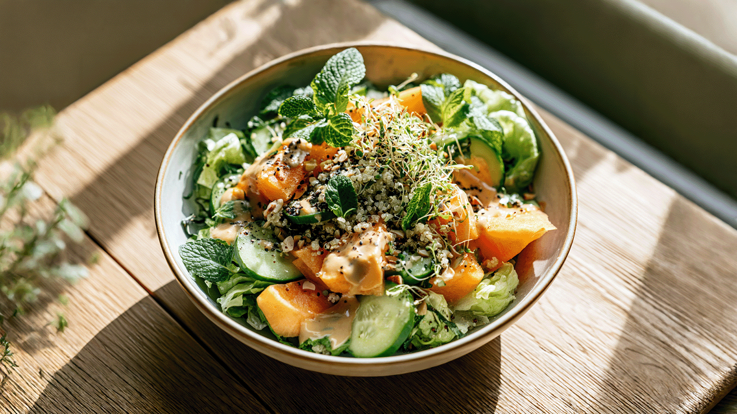 Quinoa-Sommersalat mit Melone in einer Schale, garniert mit Minze und Sprossen