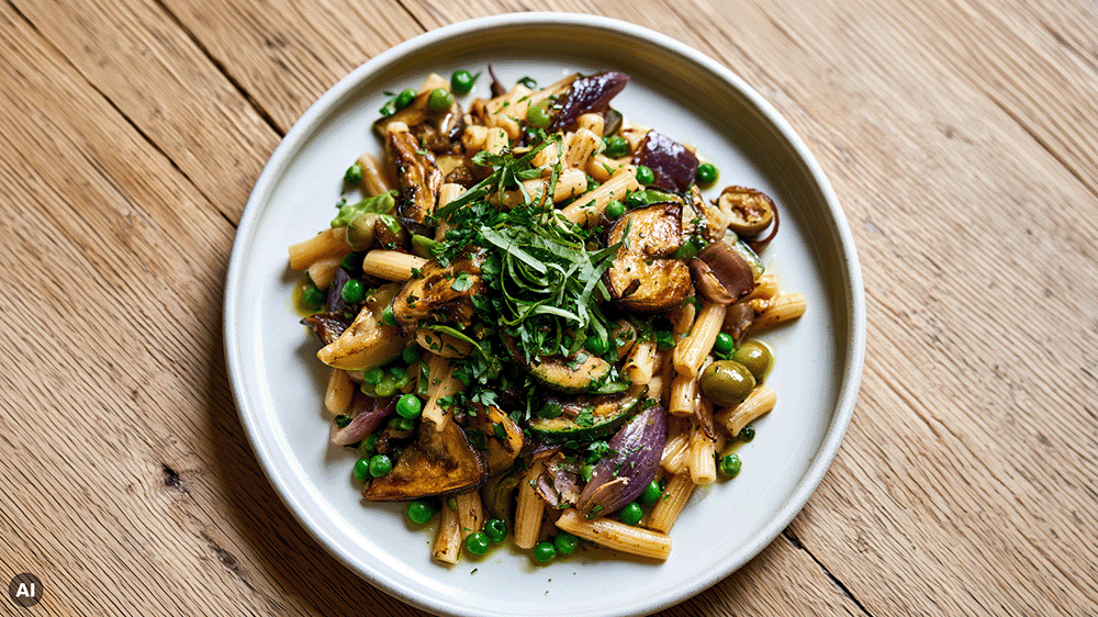 Spätsommer-Pasta mit gebratener Aubergine, Zucchini, Erbsen und Oliven von oben auf einem weißen Teller