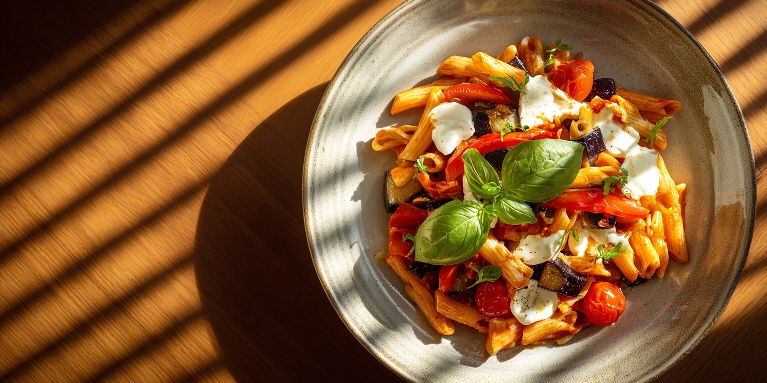 Mediterrane Aubergine-Paprika Pasta mit Penne, Tomaten, Basilikum und Büffelmozzarella – vegetarisches Rezept für warme Tage.