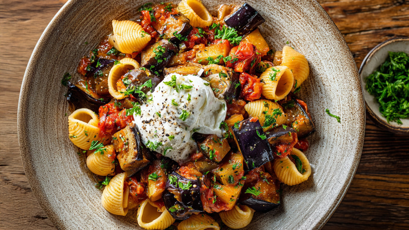 Auberginen Pasta mit Ricotta in Muschelnudeln, serviert mit fruchtiger Tomatensauce, Oliven und Petersilie auf rustikalem Teller – mediterranes Nudelgericht aus dem Ofen.