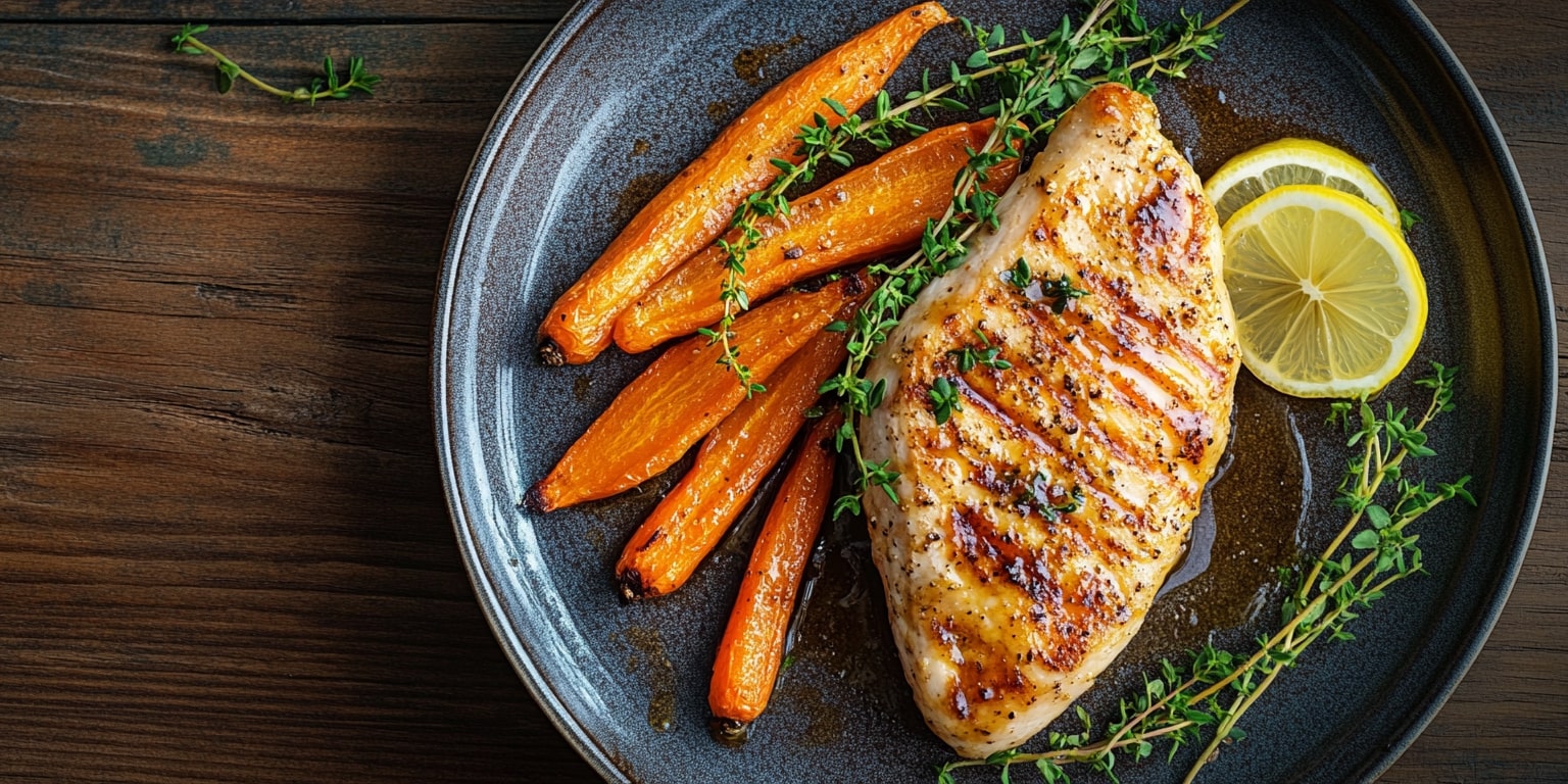 Ofengericht mit saftigem Hähnchenfilet, gebackenen Karotten und frischer Zitronenscheibe – ideal für schnelle, gesunde Küche