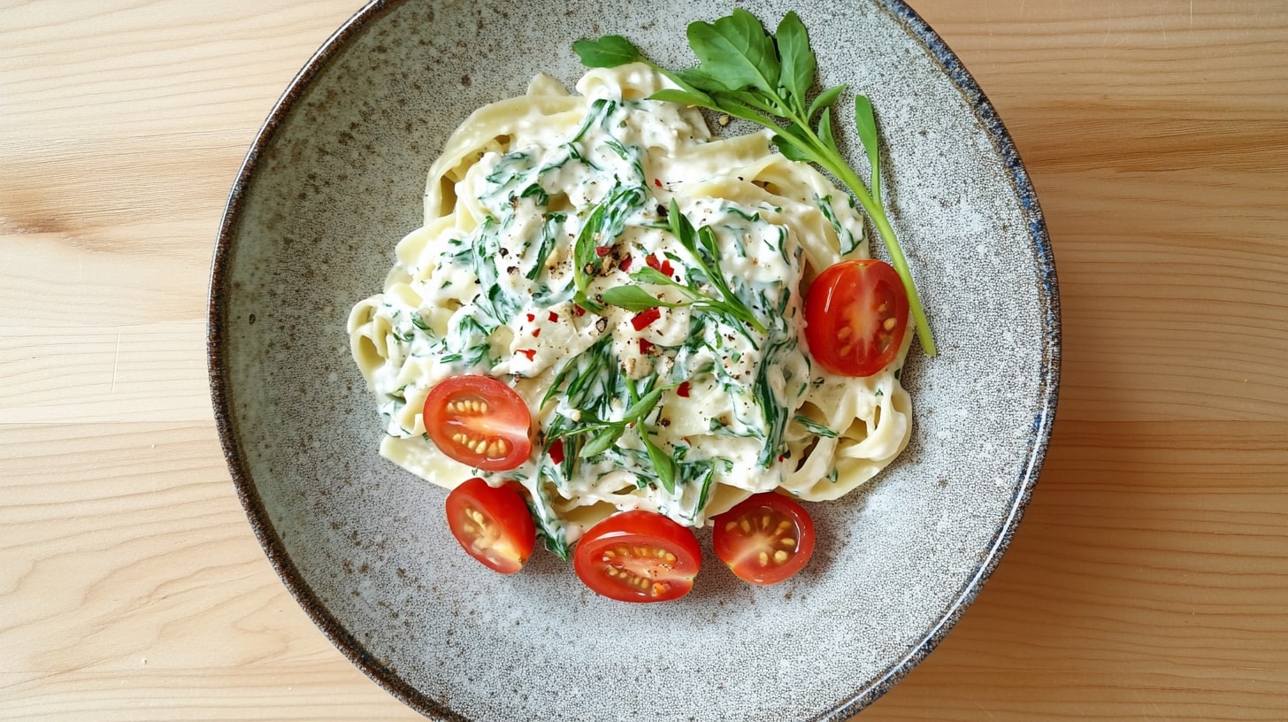 Bärlauch Pasta mit cremiger Frischkäsesoße und Tomaten auf Teller serviert
