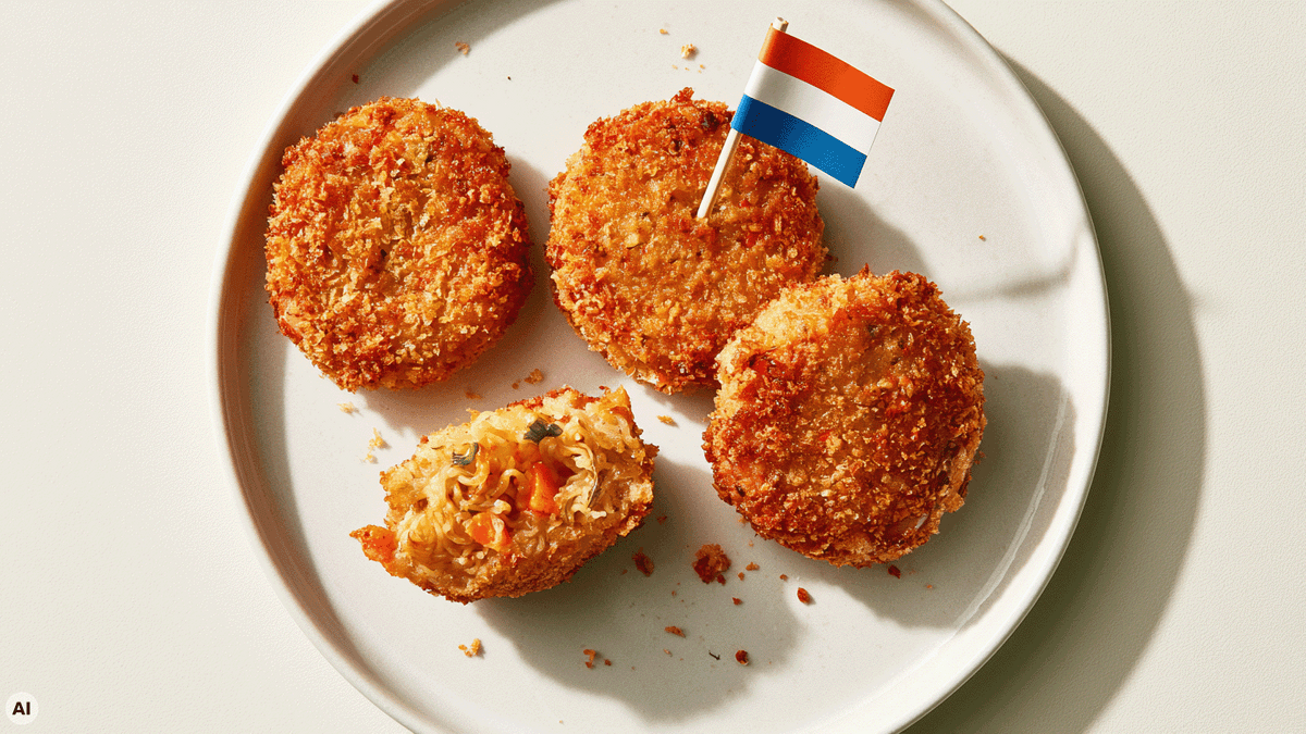 Vier knusprig panierte Bamischeiben auf einem weißen Teller, eine Bamischeibe angeschnitten mit Blick auf die Bami-Goreng-Füllung, dekoriert mit einer Holland-Flagge.