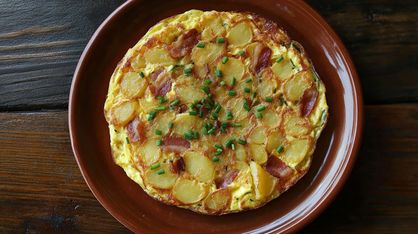 Bauernfrühstück mit knusprigen Kartoffeln, feinen Schinkenwürfeln und frischem Schnittlauch auf einem rustikalen Teller – herzhaft, deftig und einfach zubereitet.