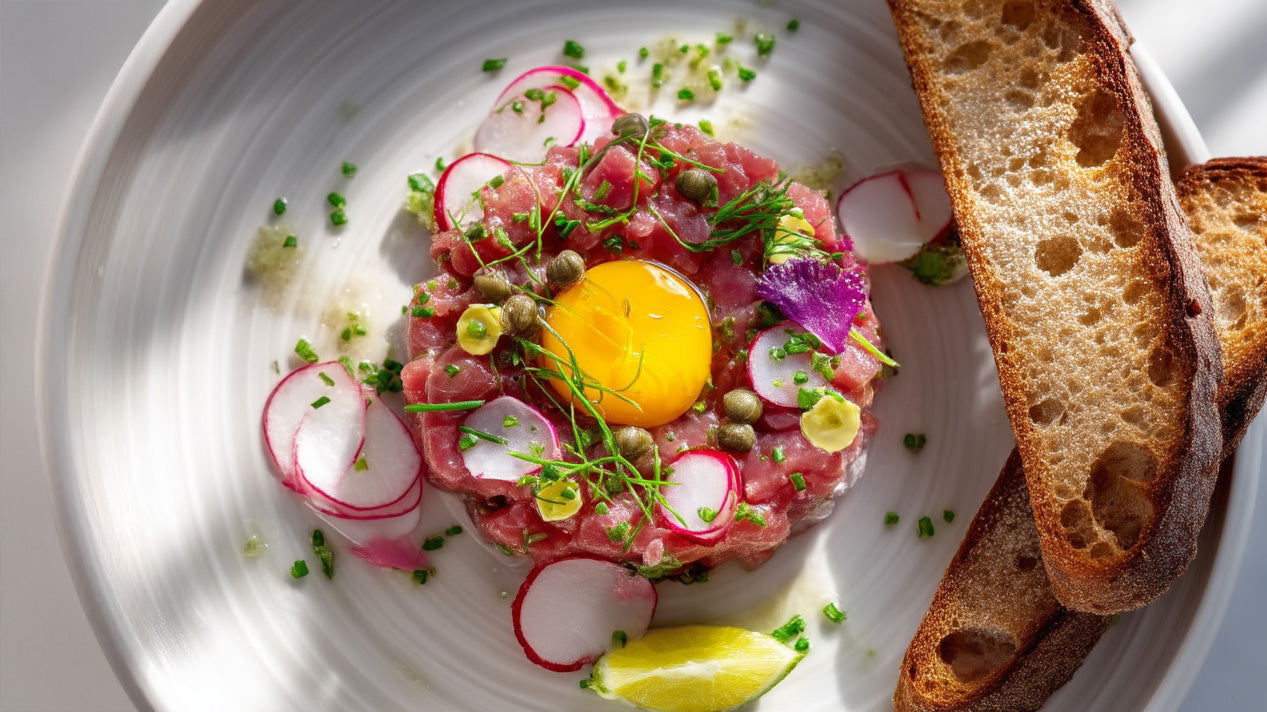 Beef-Tartar mit Eigelb und Radieschen – sommerliches Rezept mit FIVI Gewürzen und geröstetem Ciabatta