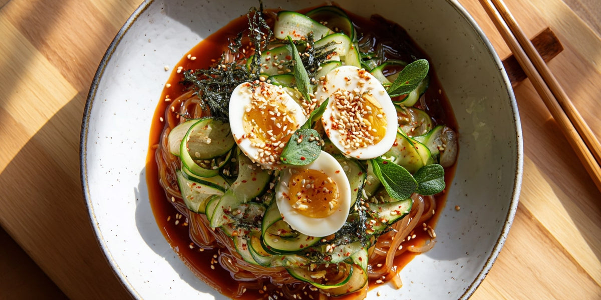 Bibim Guksu mit Gurken, Ei und Gochujang-Sauce in Keramikschale – Kalte koreanische Nudeln, garniert mit Gurkenstreifen, halbem Ei, geröstetem Sesam und frischen Kräutern.