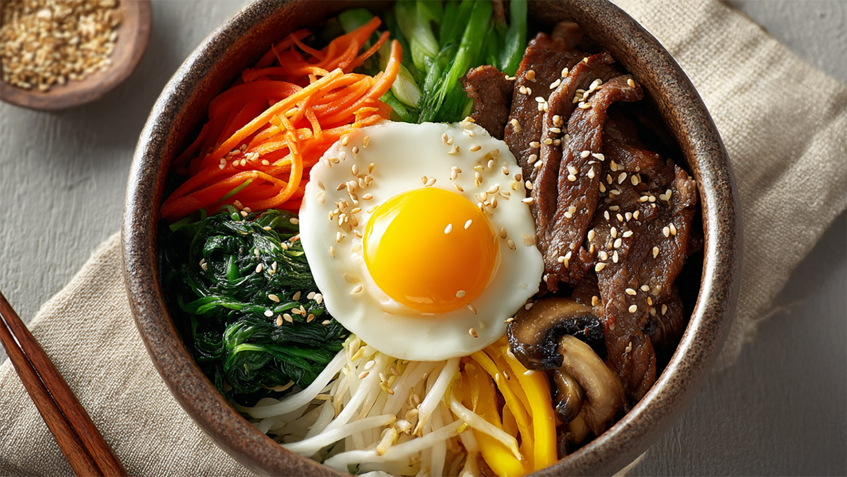 Bibimbab mit Rindfleisch, Spiegelei und Gemüse in einer Schüssel mit Karotten, Spinat, Sojasprossen und Sesam