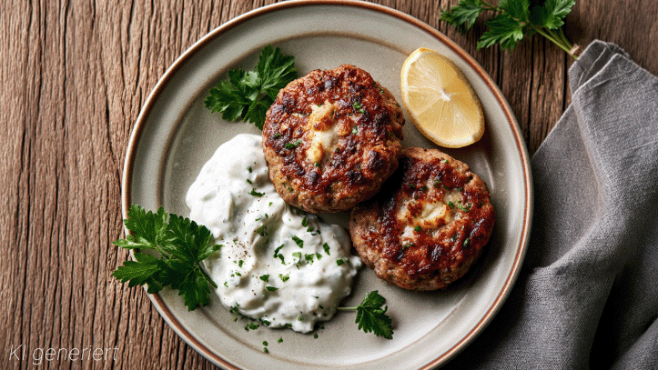 Bifteki mit Tzatziki, Zitrone und frischer Petersilie von oben auf einem Teller angerichtet