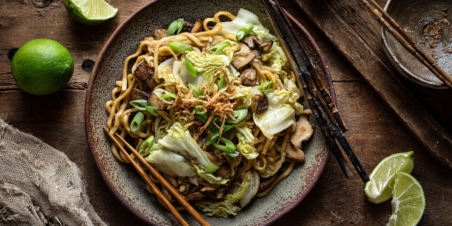 Schnelle Blitz-Nudelpfanne mit Wok-Nudeln, Shiitake, Chinakohl und Röstzwiebeln serviert im Keramikteller
