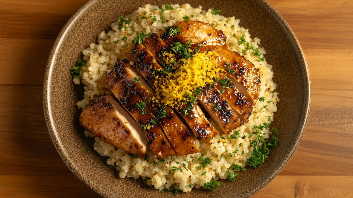 Blumenkohlreis mit Hähnchenbrust – Low-Carb Gericht mit knusprig gebratenem Hähnchen auf cremigem Blumenkohlreis, serviert mit Zitronenzeste und frischer Petersilie