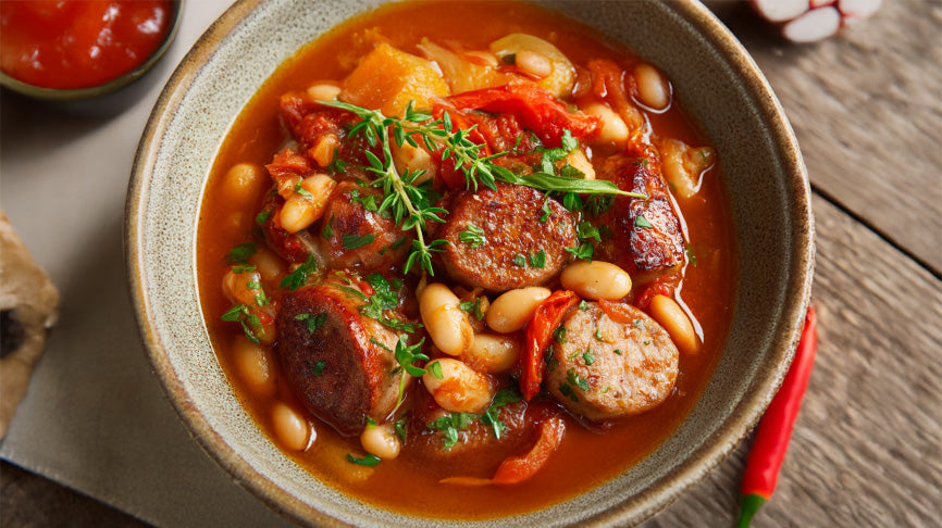 Deftiger Bohnen-Wurst Eintopf mit gebratener Bratwurst, weißen Bohnen und Tomatensauce, angerichtet in einer rustikalen Schale und mit frischen Kräutern verfeinert.