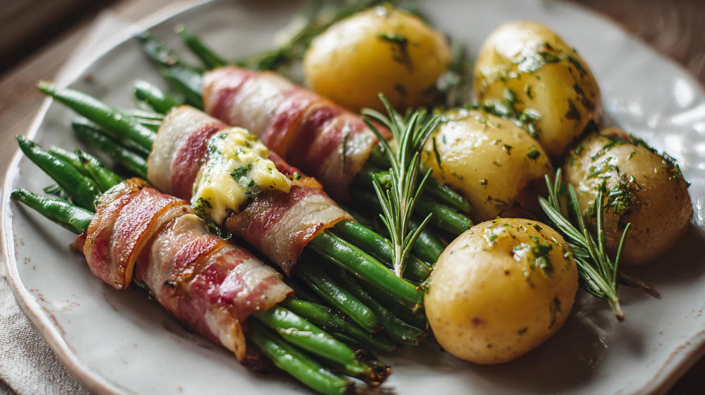 Bohnen im Speckmantel mit Rosmarin-Kartoffeln – herzhaftes Rezept mit Zitronenbutter