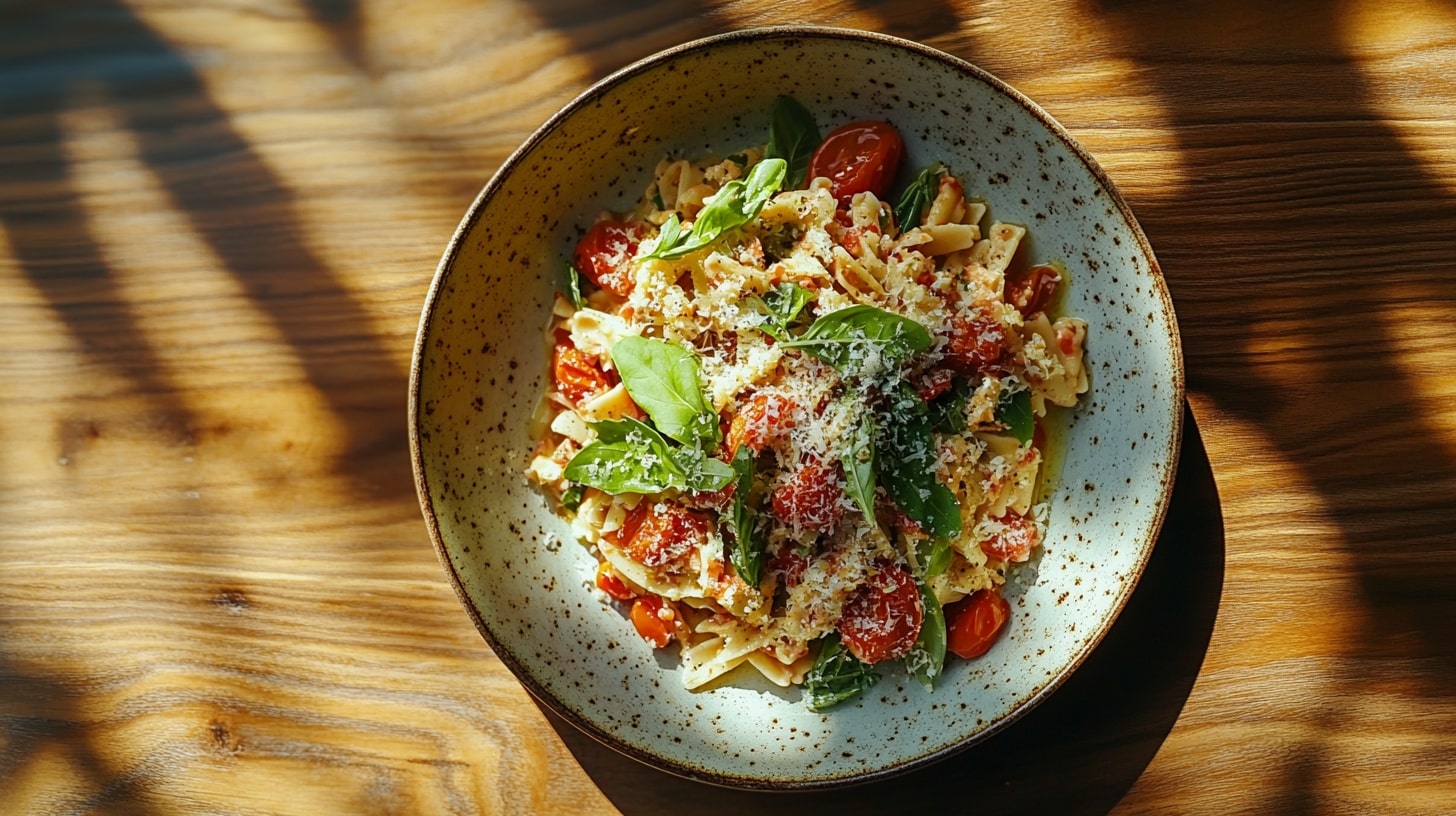 Bruschetta Pasta angerichtet mit frischen Tomaten, Basilikum und Parmesan – sommerliches Pastagericht für jeden Tag