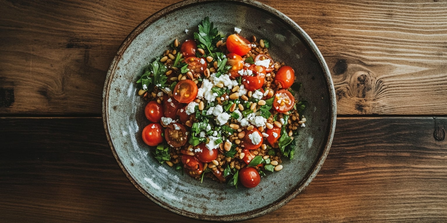 Bulgursalat Rezept mit Feta und frischer Petersilie – mediterrane Zutaten wie Cherrytomaten und geröstete Pinienkerne machen dieses Gericht zum aromatischen Genuss.