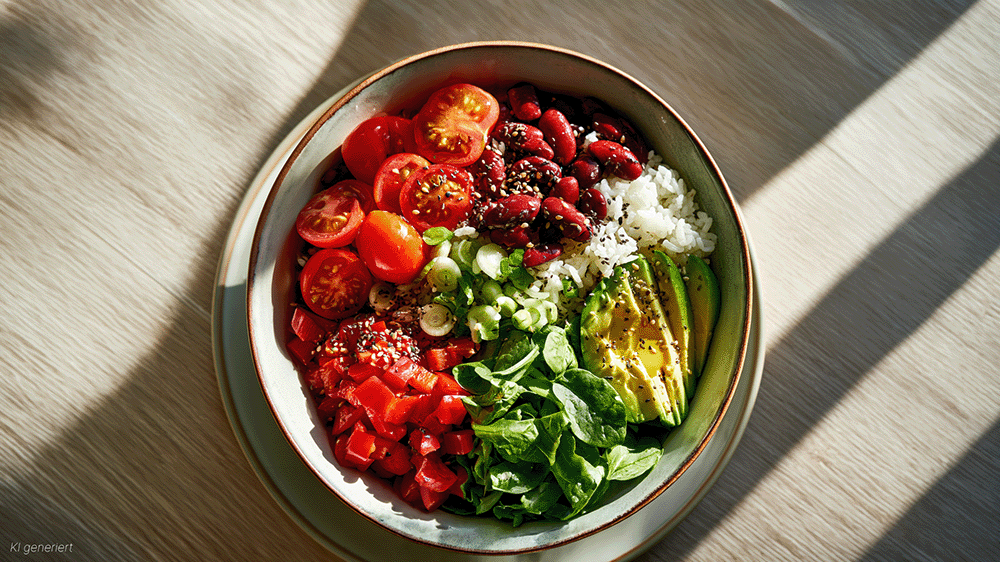 Burrito Bowl von oben fotografiert mit Reis, Kidneybohnen, Cherrytomaten, Paprika, Frühlingszwiebeln, Babyspinat und Avocado in Schale auf Holztisch