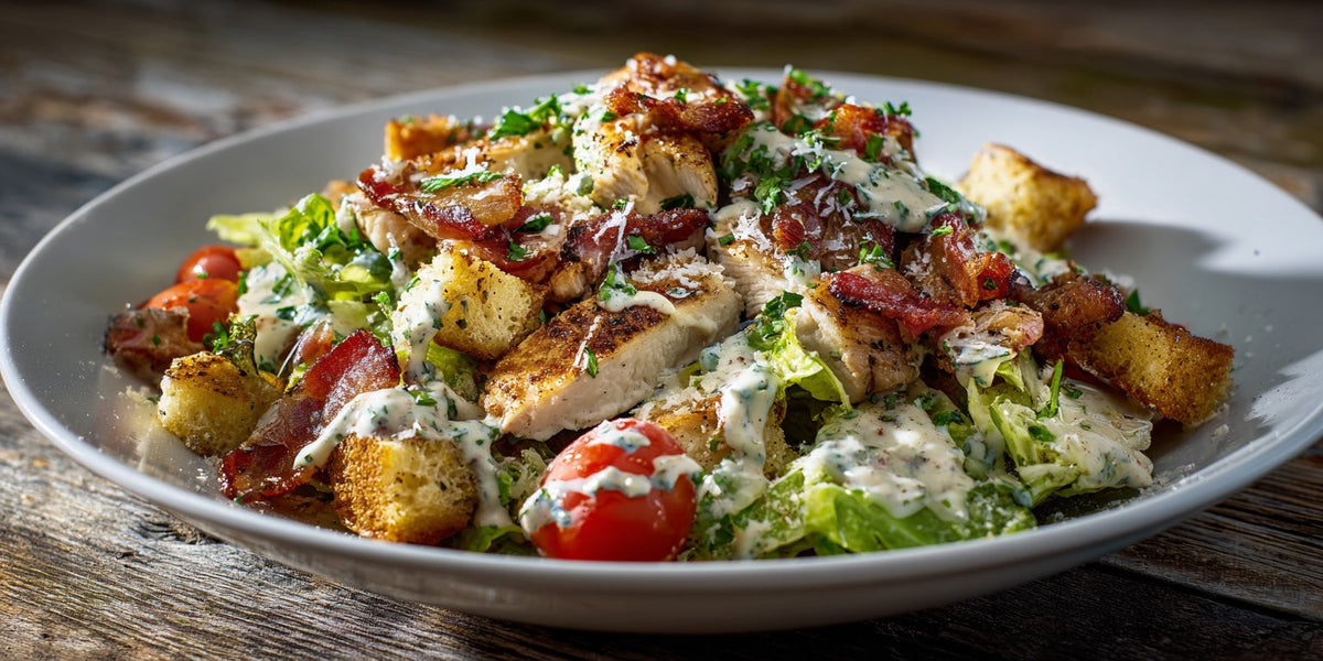 Caesar Salad mit Hähnchen und Bacon – serviert mit knusprigen Croutons, cremigem Joghurtdressing, Romanasalat und frischen Kräutern auf einem weißen Teller.