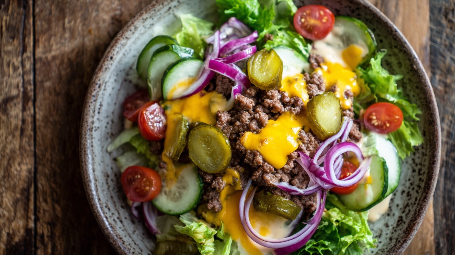 Cheeseburger Salat mit Hackfleisch, Cheddar und Gurkendressing – Frischer Low-Carb-Sommersalat mit Rinderhack, geschmolzenem Käse, Gewürzgurken und Gemüse in einer Bowl angerichtet.