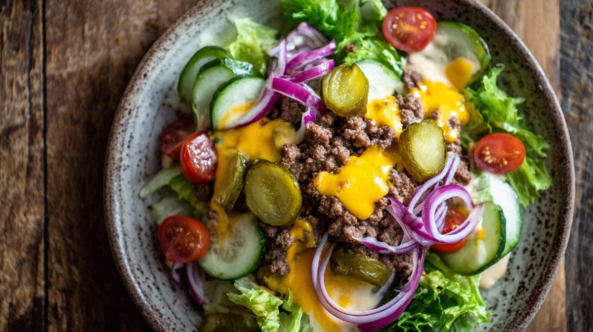 Cheeseburger Salat mit Hackfleisch, Cheddar und Gurkendressing – Frischer Low-Carb-Sommersalat mit Rinderhack, geschmolzenem Käse, Gewürzgurken und Gemüse in einer Bowl angerichtet.