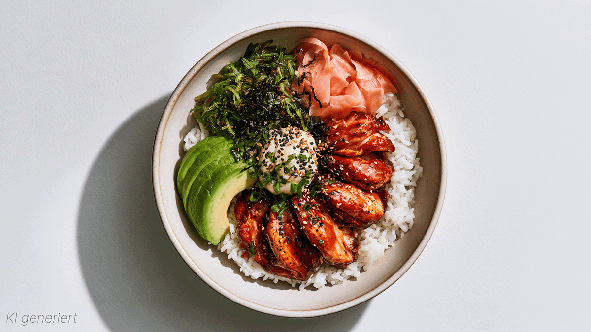 Chicken Teriyaki Bowl von oben fotografiert, mit karamellisiertem Teriyaki-Hühnchen, Reis, Avocado, Wakame-Salat und Pickled Pink Ginger, dekoriert mit Mayonnaise, Sesam und Lauchzwiebeln.
