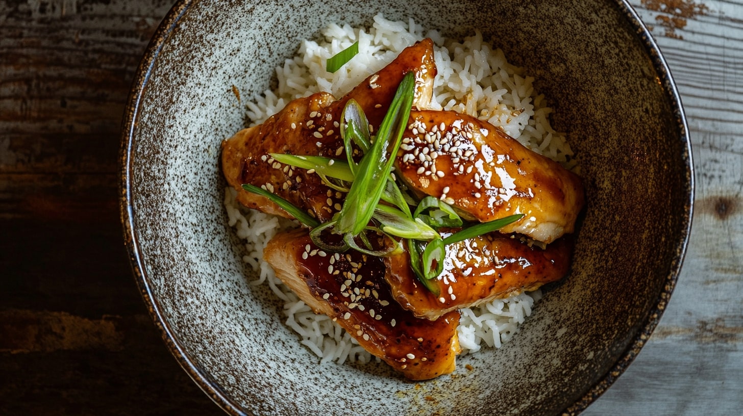 Chicken Teriyaki mit Reis in Schale serviert – saftiges Hähnchen in Teriyaki-Sauce, garniert mit Frühlingszwiebeln und Sesam