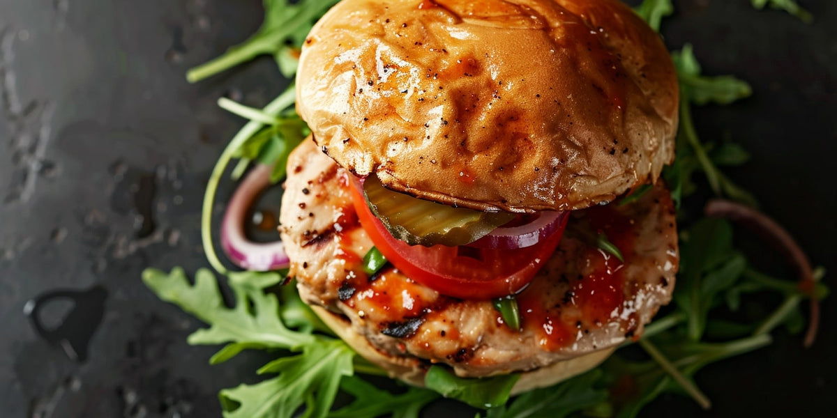 Chickenburger mit FIVI Honey Hot Sauce, gegrilltem Hähnchenfilet, Tomate, Gurke und Rucola im Brioche Bun – sommerlich angerichtet auf dunklem Untergrund.