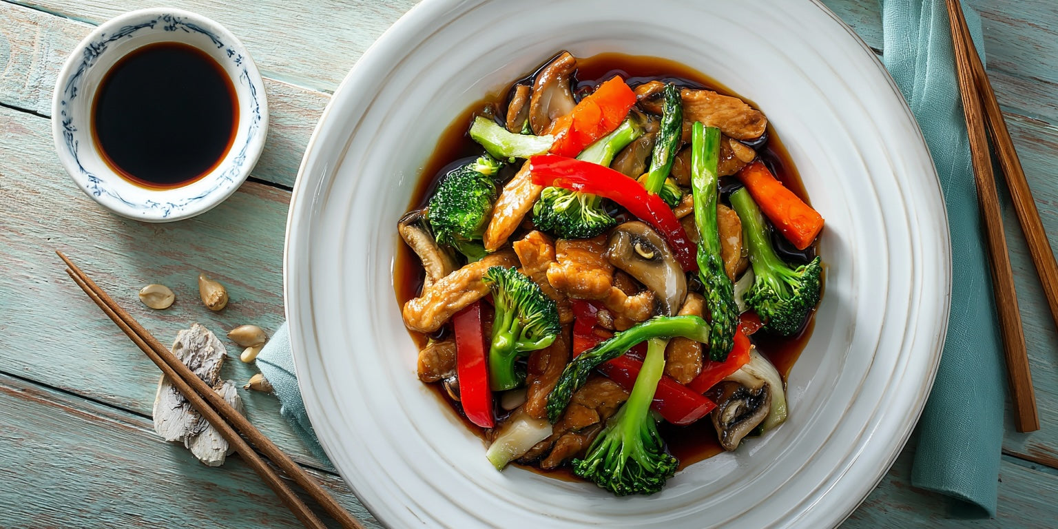 Asiatisches Wok-Gemüse mit Hähnchen in Sojasauce – serviert mit Brokkoli, Paprika, Karotten und Pilzen in einer aromatischen Sauce auf weißem Teller.