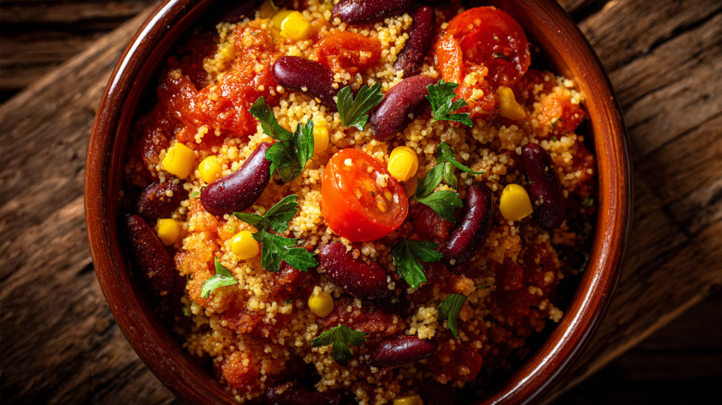 Couscous-Chili mit Kidneybohnen, Mais und Tomaten in Schüssel – gesundes, schnelles Rezept in 30 Minuten