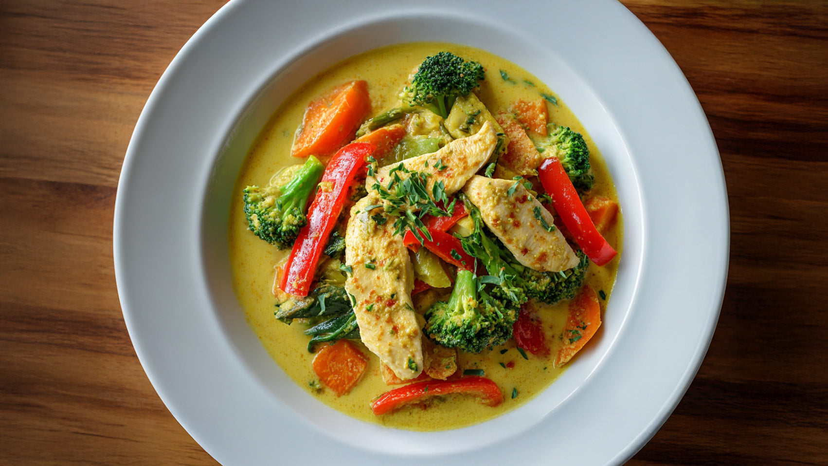 Curry Geschnetzeltes mit Gemüse in cremiger Kokossauce mit Putenstreifen, Brokkoli, Paprika und Karotten in weißem Teller