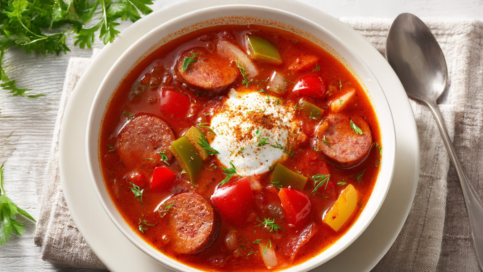 Currywurstsuppe mit Bratwurstscheiben, Paprika und cremigem Schmand in weißer Suppenschale