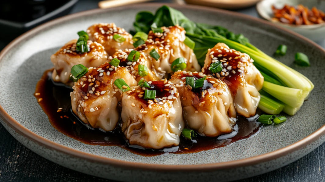 Perfekt gedämpfte Dim Sums mit Pak Choi und Hoisin Sauce, zubereitet mit dem FIVI Dampfgareinsatz aus Edelstahl.