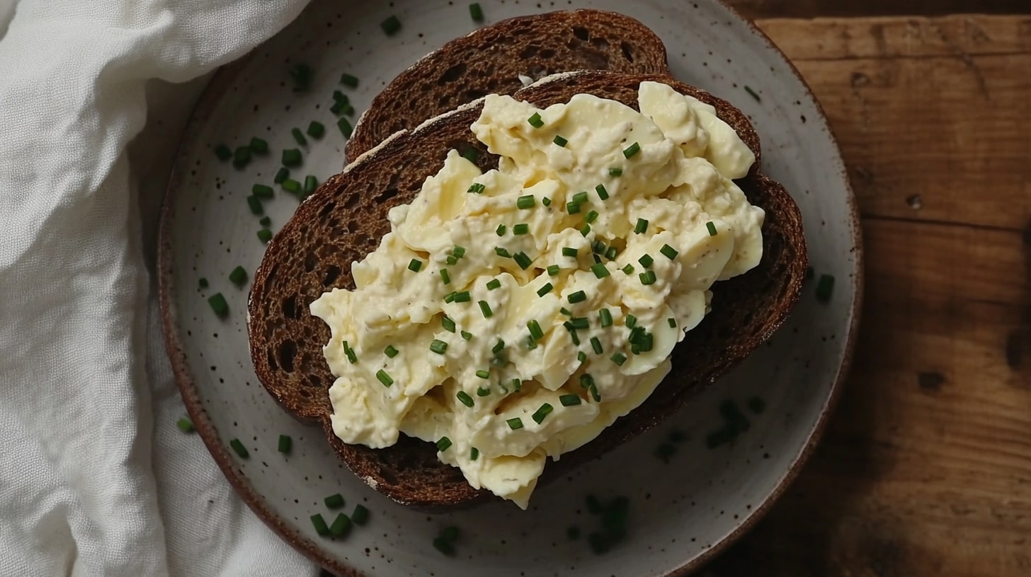 Eiersalat auf Röstbrot – cremiger Eiersalat mit Schnittlauch auf dunklem Roggenbrot, angerichtet auf einem Keramikteller.