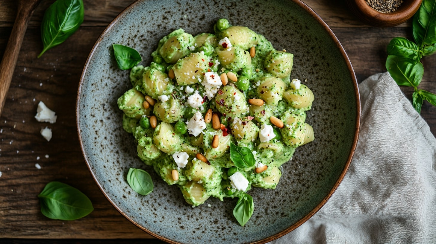 Erbsen-Basilikum-Pasta mit cremiger Sauce, Feta, gerösteten Pinienkernen und Chiliflocken, serviert in einer Keramikschüssel auf rustikalem Holzbrett.