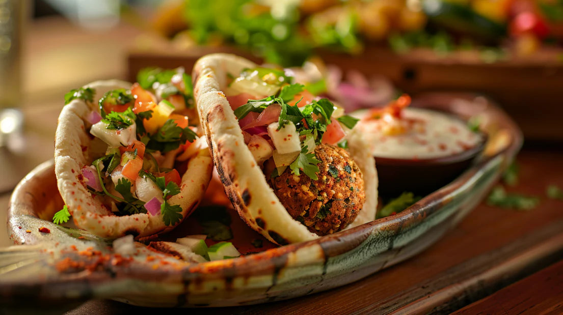 Krosse Falafelbällchen in Pita-Taschen gefüllt mit frischer Petersilie, Tomaten, Zwiebeln und Tzatziki, angerichtet auf einer rustikalen Keramikplatte.