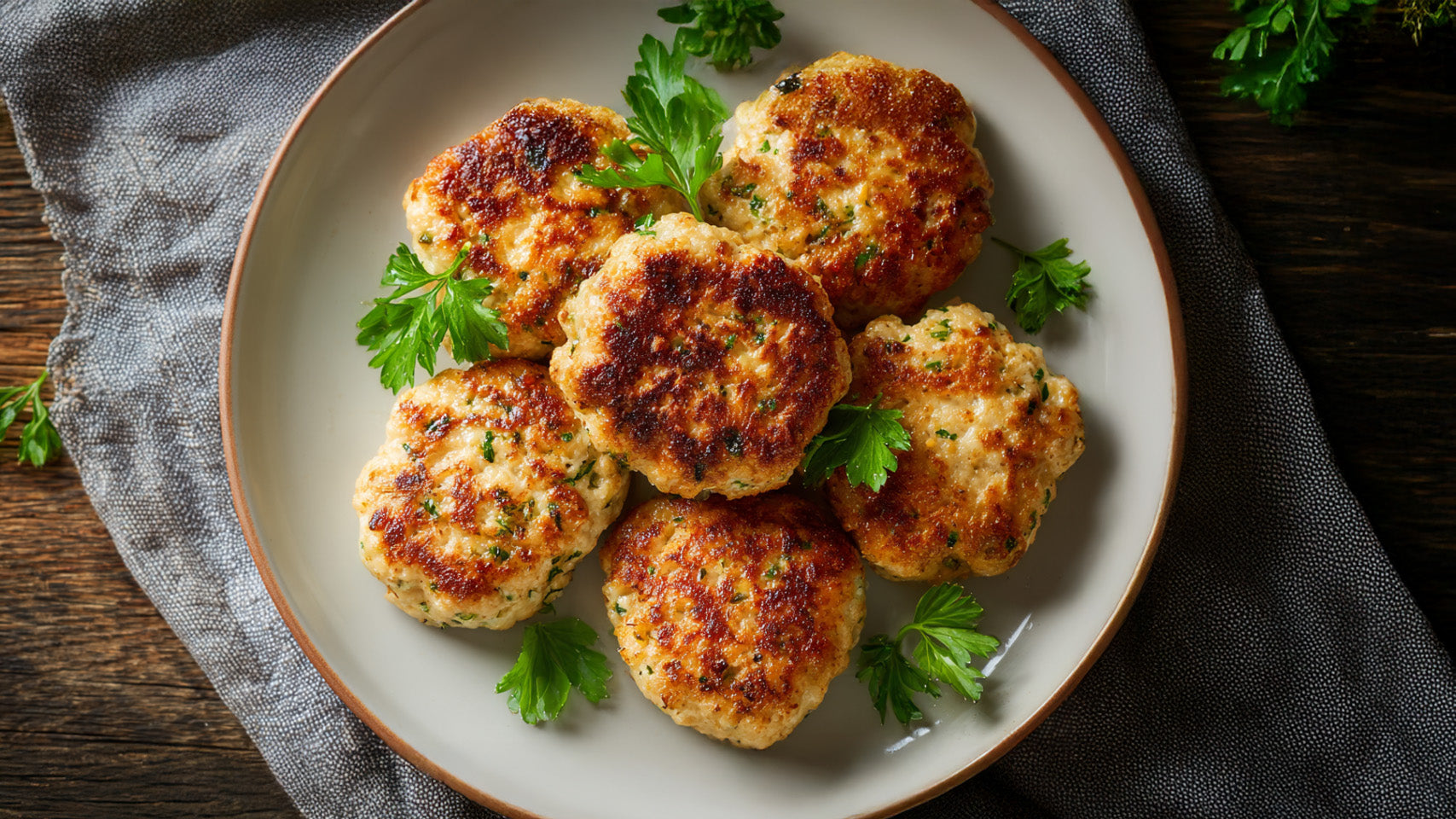 Frikadellen Rezept – goldbraun gebratene, saftige Frikadellen mit Petersilie auf hellem Teller serviert