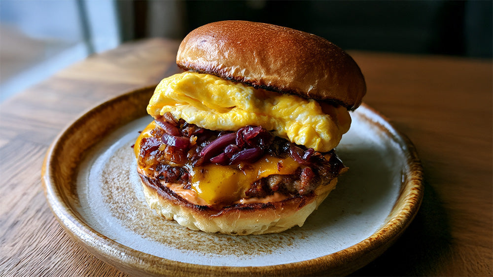 Seitenansicht eines Burgers mit Rührei und roten Zwiebeln auf rustikalem Teller.