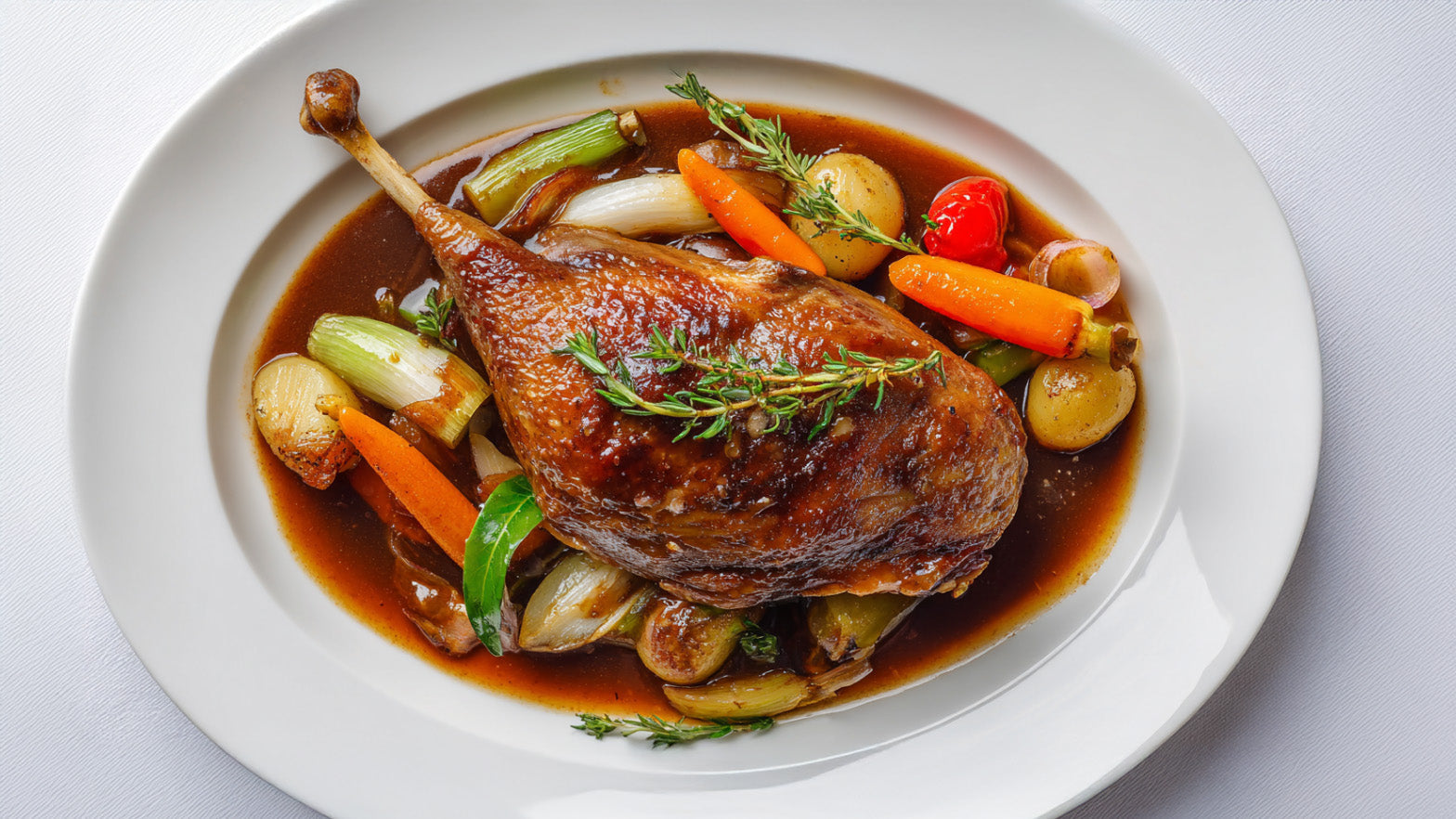 Gänsekeule Grundrezept auf aromatischem Schmorgemüse mit dunkler Sauce und frischem Thymian auf weißem Teller.