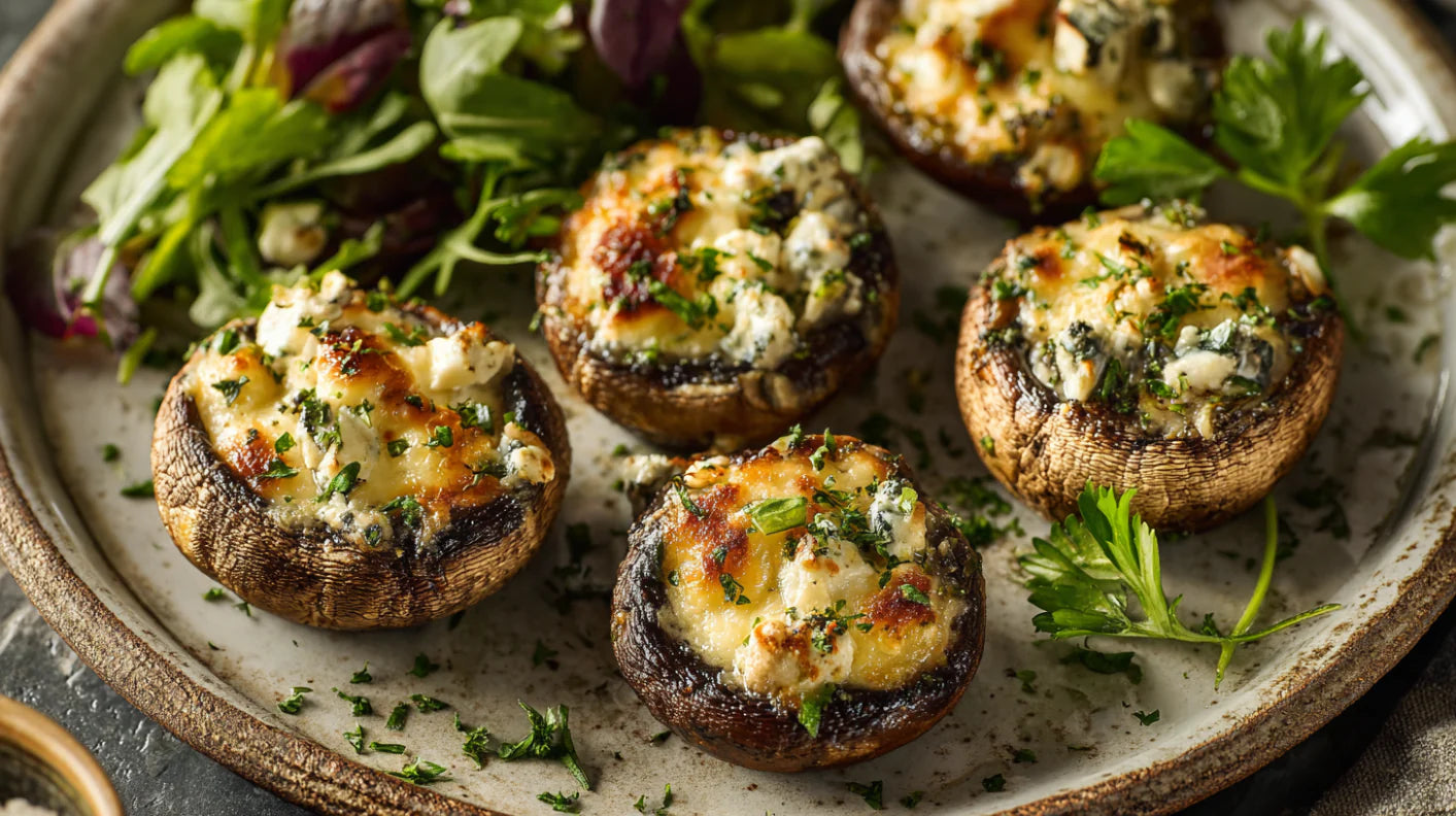 Gefüllte Champignons mit Feta und Frischkäse – gesundes vegetarisches Ofenrezept mit Kräutern, goldbraun überbacken und serviert mit frischem Salat.