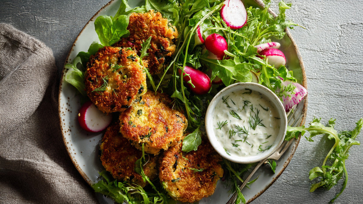 Goldbraune Gemüsebratlinge mit frischem Radieschen-Salat und einer kleinen Schale Kräuter-Joghurt-Dip auf einem rustikalen Teller.