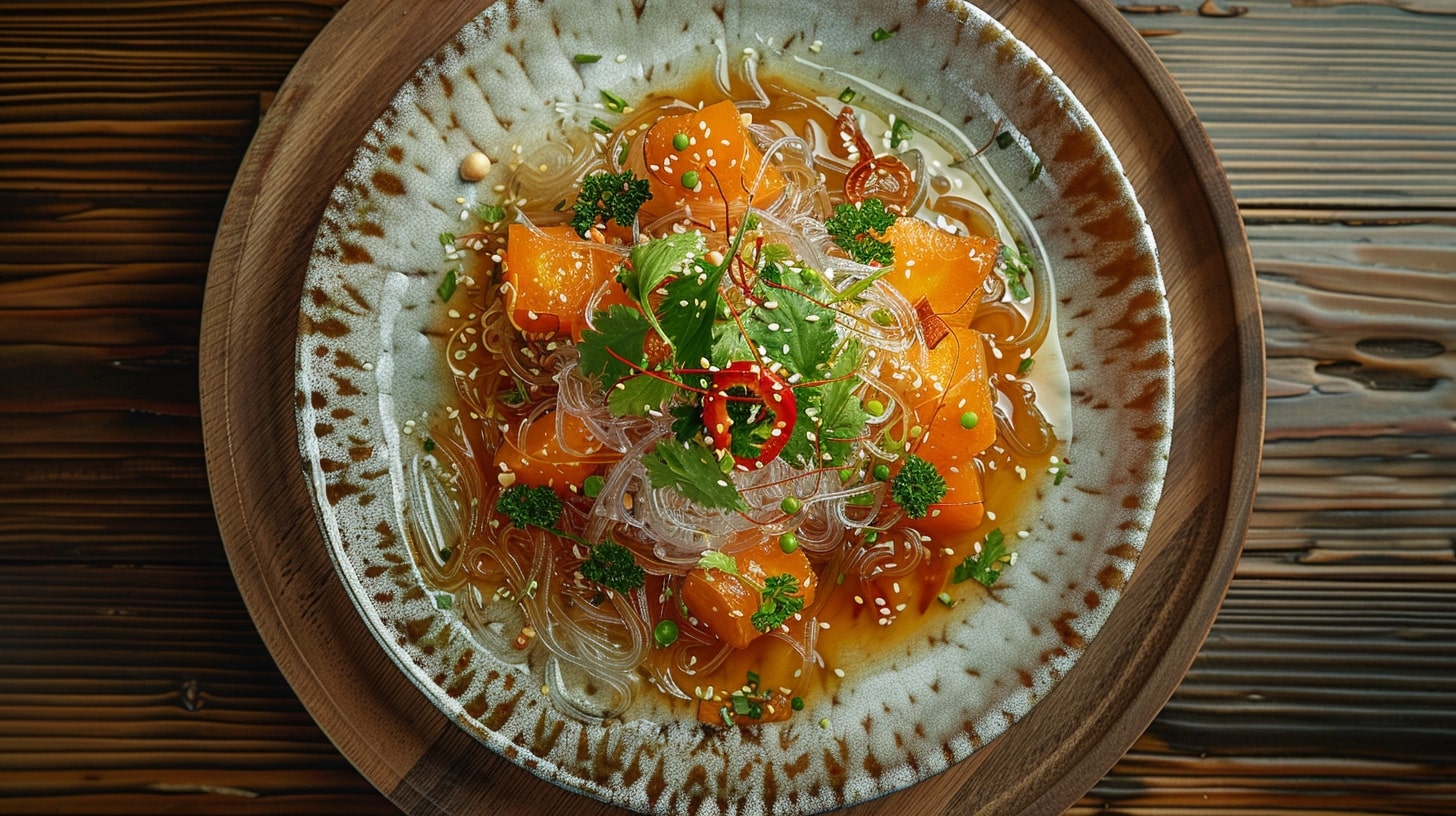 Glasnudeln mit Teriyaki Sauce und Möhren – asiatisches Gericht mit frischem Koriander und Sesam garniert.