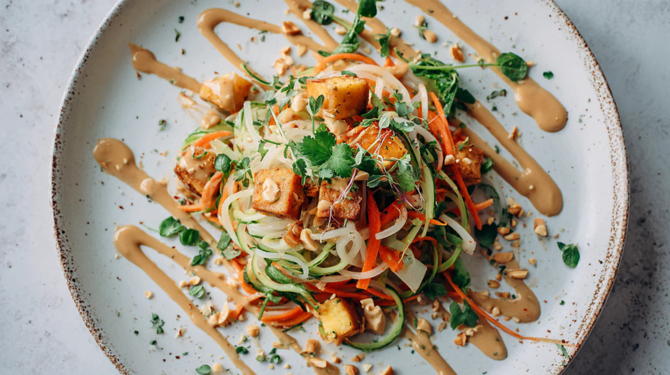 Glasnudelsalat mit Tofu, frischem Gemüse und cremigem Erdnuss-Dressing auf einem Teller angerichtet