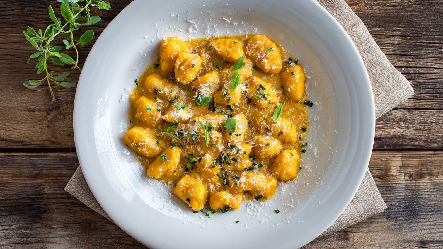 Gnocchi in cremiger Kürbis-Sauce mit Parmesan und frischen Kräutern auf weißem Teller – herbstliches, schnelles Rezept voller Geschmack.