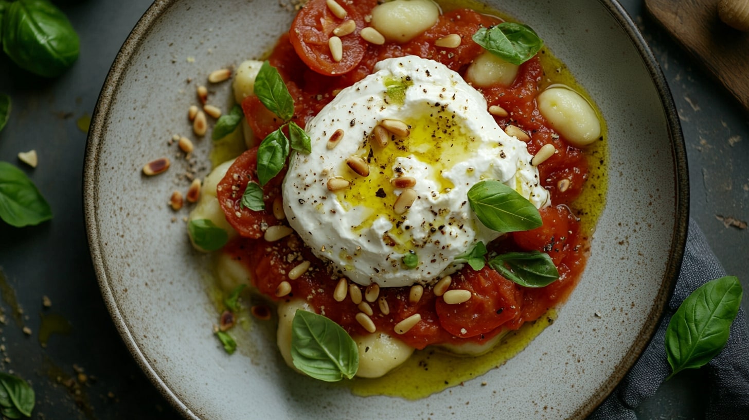 Gnocchi Burrata mit Tomatensauce und Burrata-Käse, garniert mit Basilikum und Pinienkernen