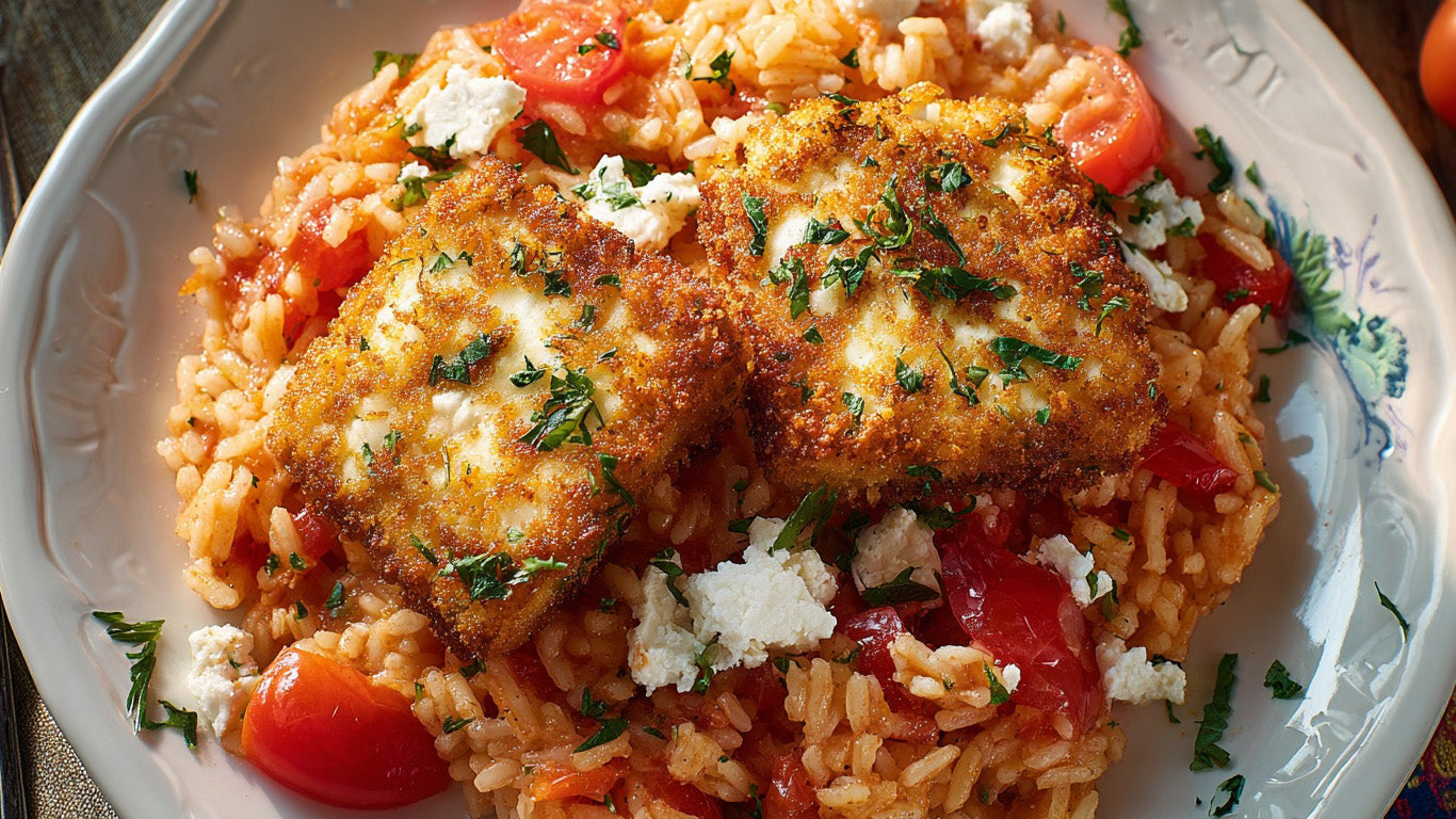 Würziger Tomatenreis trifft auf knusprig panierten Feta: Dieses einfache, vegetarische Gericht bringt mediterranes Flair in deine Küche – perfekt für ein schnelles Abendessen zu zweit.