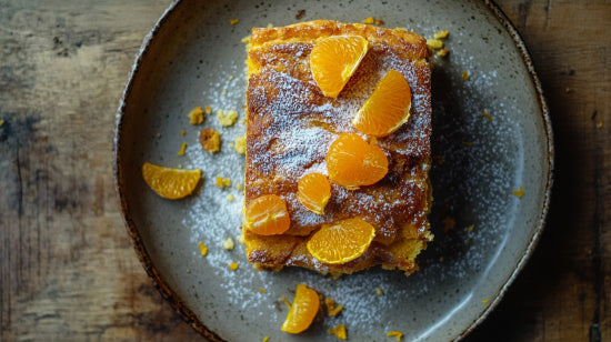 Grießkuchen mit Clementinen – saftiger Kuchen mit Zitrusfrüchten, frisch gebacken und mit Puderzucker bestäubt auf rustikalem Teller serviert