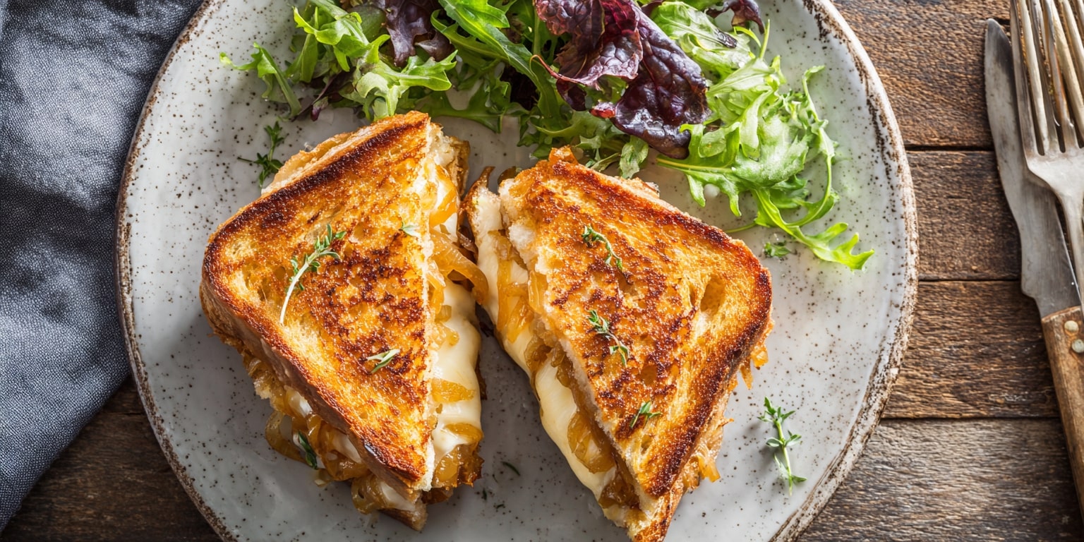 Grilled Cheese Sandwich Rezept mit goldbraunem Brot, karamellisierten Zwiebeln und cremigem Käse, serviert mit grünem Salat – perfekter Snack für warme Tage
