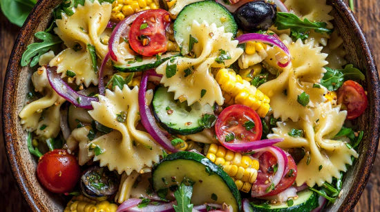 Grillparty Nudelsalat mit Farfalle, Kirschtomaten, Gurke, Oliven und Rucola auf rustikalem Holztisch – perfektes Sommergericht für BBQ und Gartenparty.