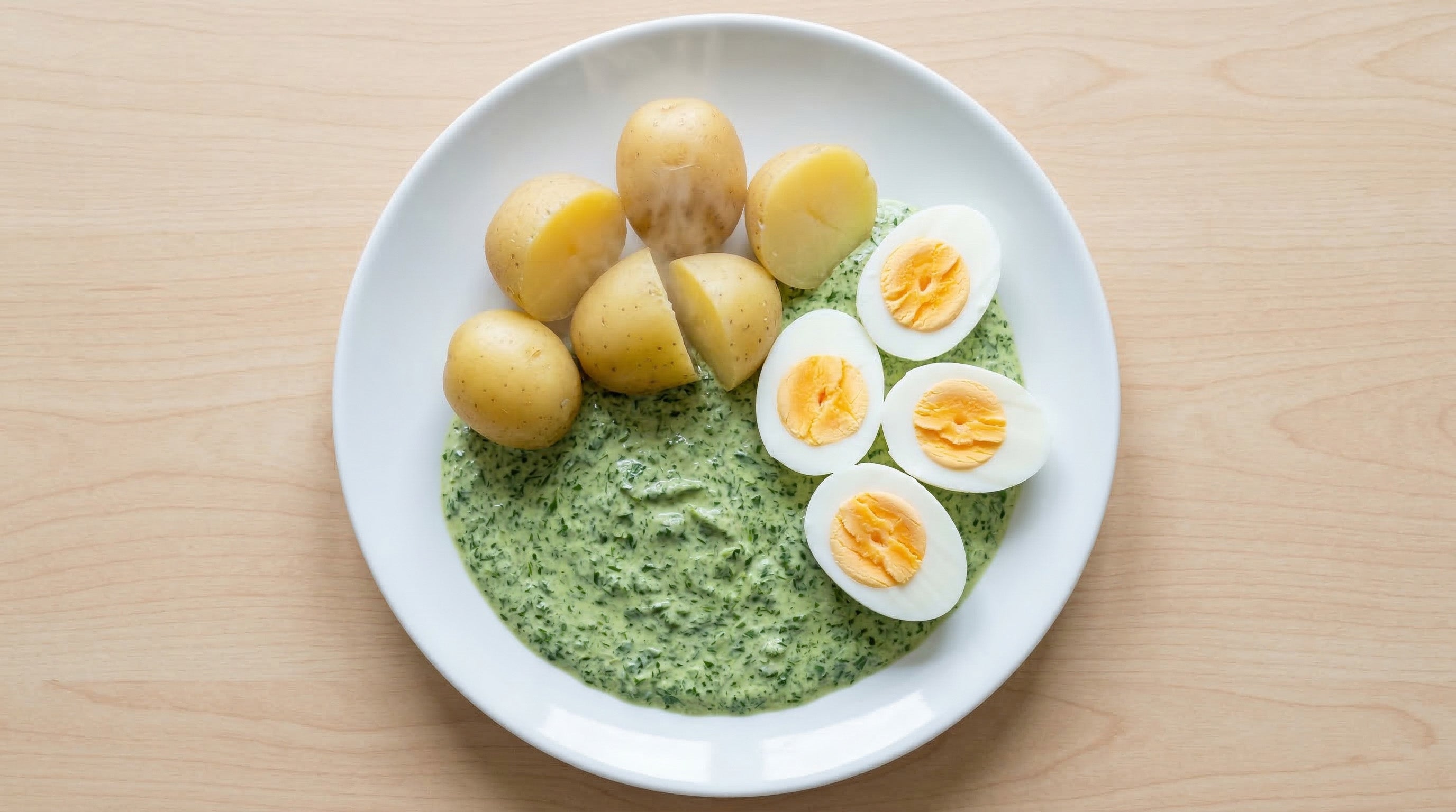 Draufsicht auf einen weißen Teller mit cremiger Frankfurter Grüner Sauce, serviert mit halbierten Salzkartoffeln und vier hartgekochten Eihälften auf einem hellen Holztisch.