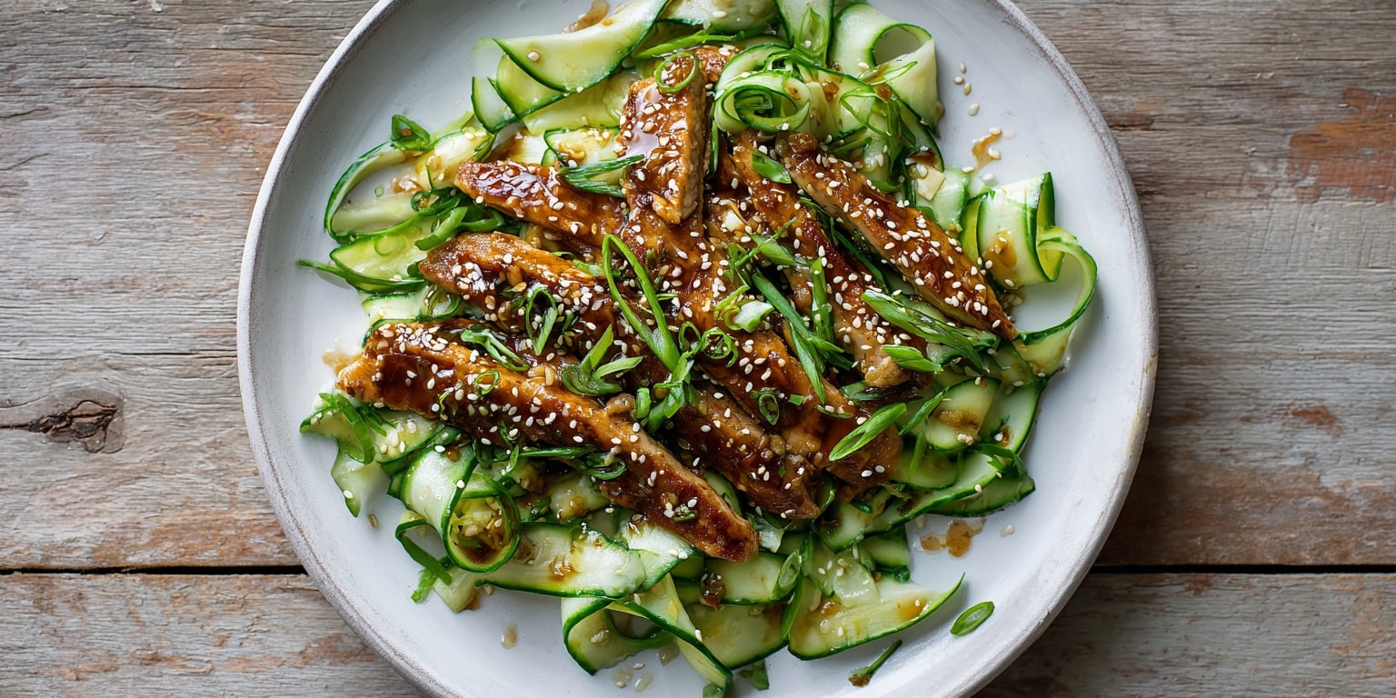 Sesamhuhn auf Gurkensalat – asiatisch inspiriertes Low-Carb-Gericht mit Sojasauce, Sesam und frischer Gurke als leichte Sommermahlzeit.
