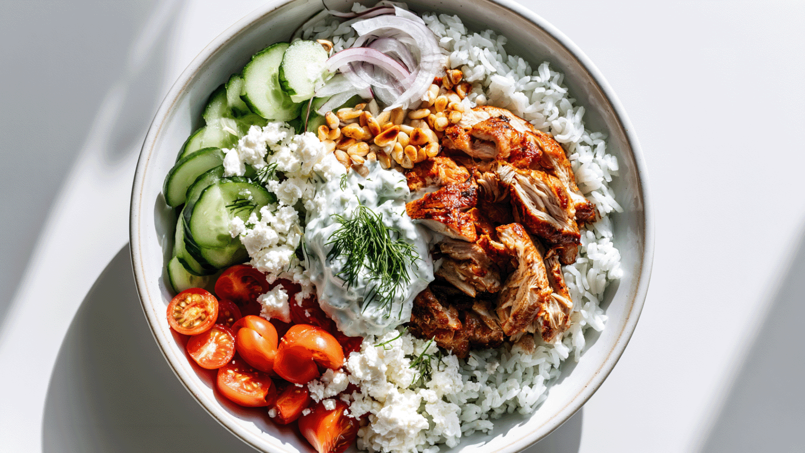 Gyros Bowl von oben mit mariniertem Hähnchen, Reis, Tzatziki, Gurke, Kirschtomaten, Feta und Pinienkernen