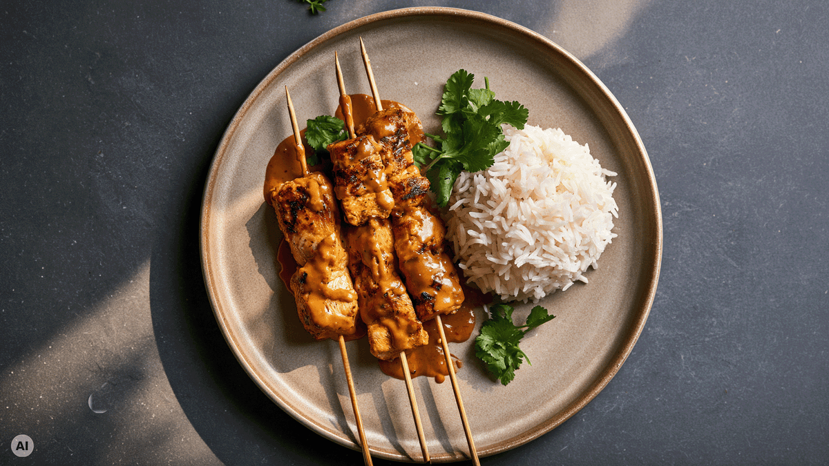 Hähnchen-Sate mit Reis von oben fotografiert: drei gebratene Hähnchenspieße mit cremiger Erdnusssauce, lockerer weißer Reis und frischer Koriander auf einem beigen Teller